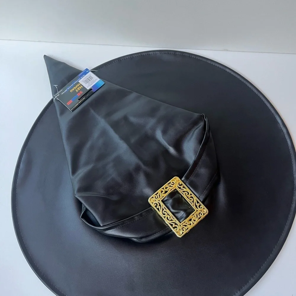 NEW Black Witch Hat with Gold Buckle - Faux Leather Costume